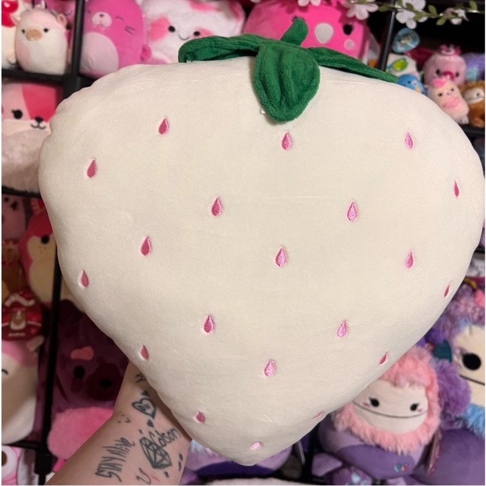 White Strawberry Plush Pillow with Pink Seeds